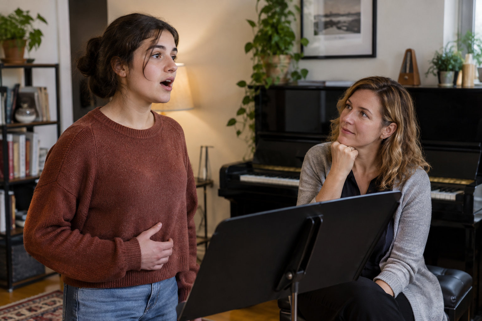 A singing lesson beside the piano