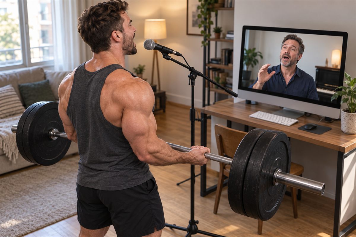 A singer lifting a barbell at a microphone during an online lesson with his teacher