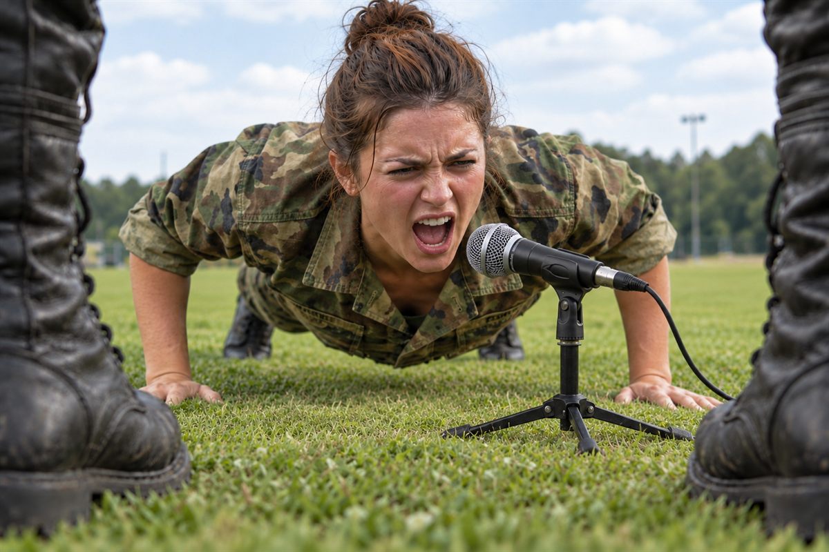 A singer in camouflage doing a push-up while singing into a microphone