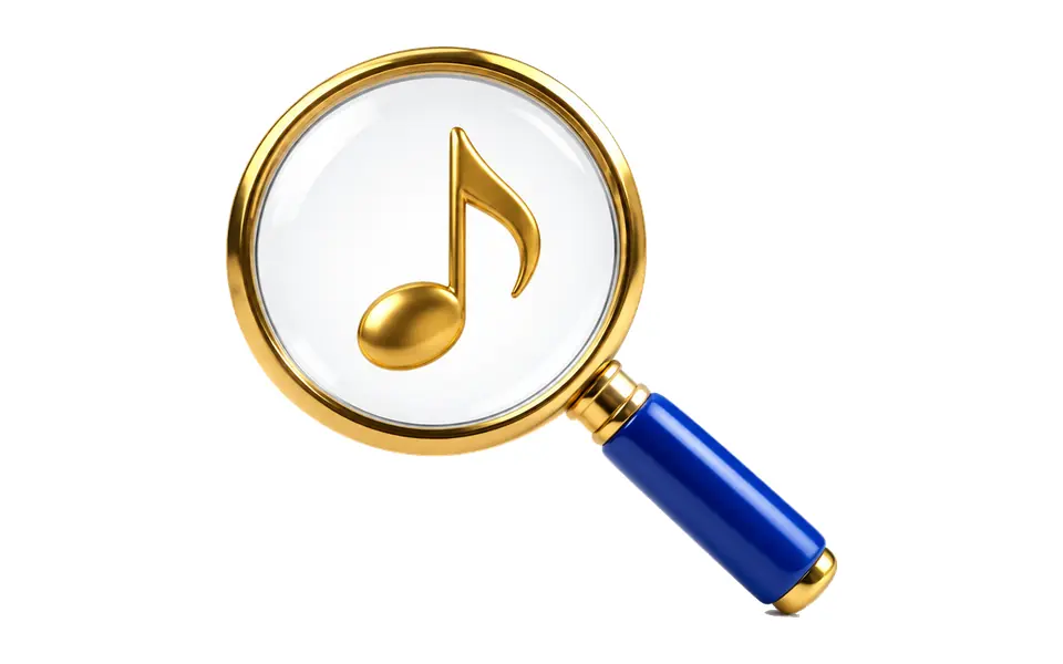 Gold magnifying glass over a music note