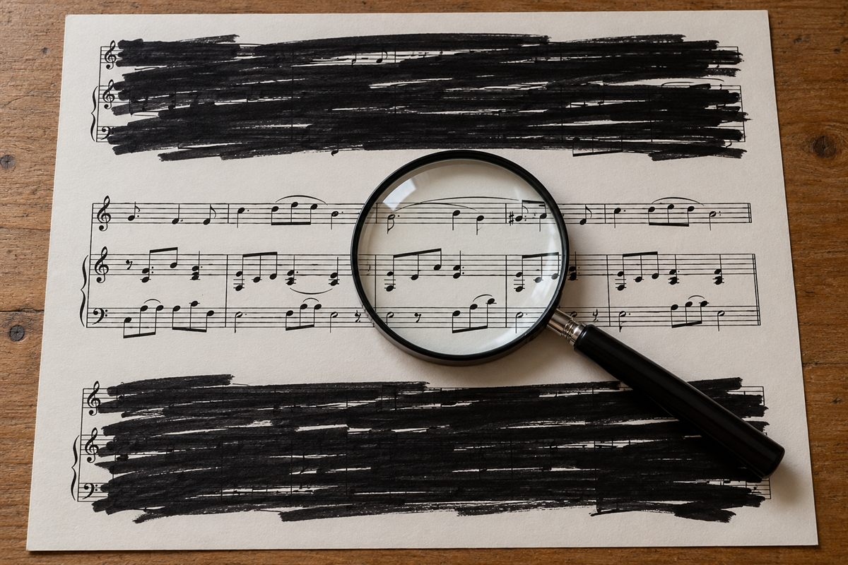 A vocal score with every line blacked out except one, under a magnifying glass