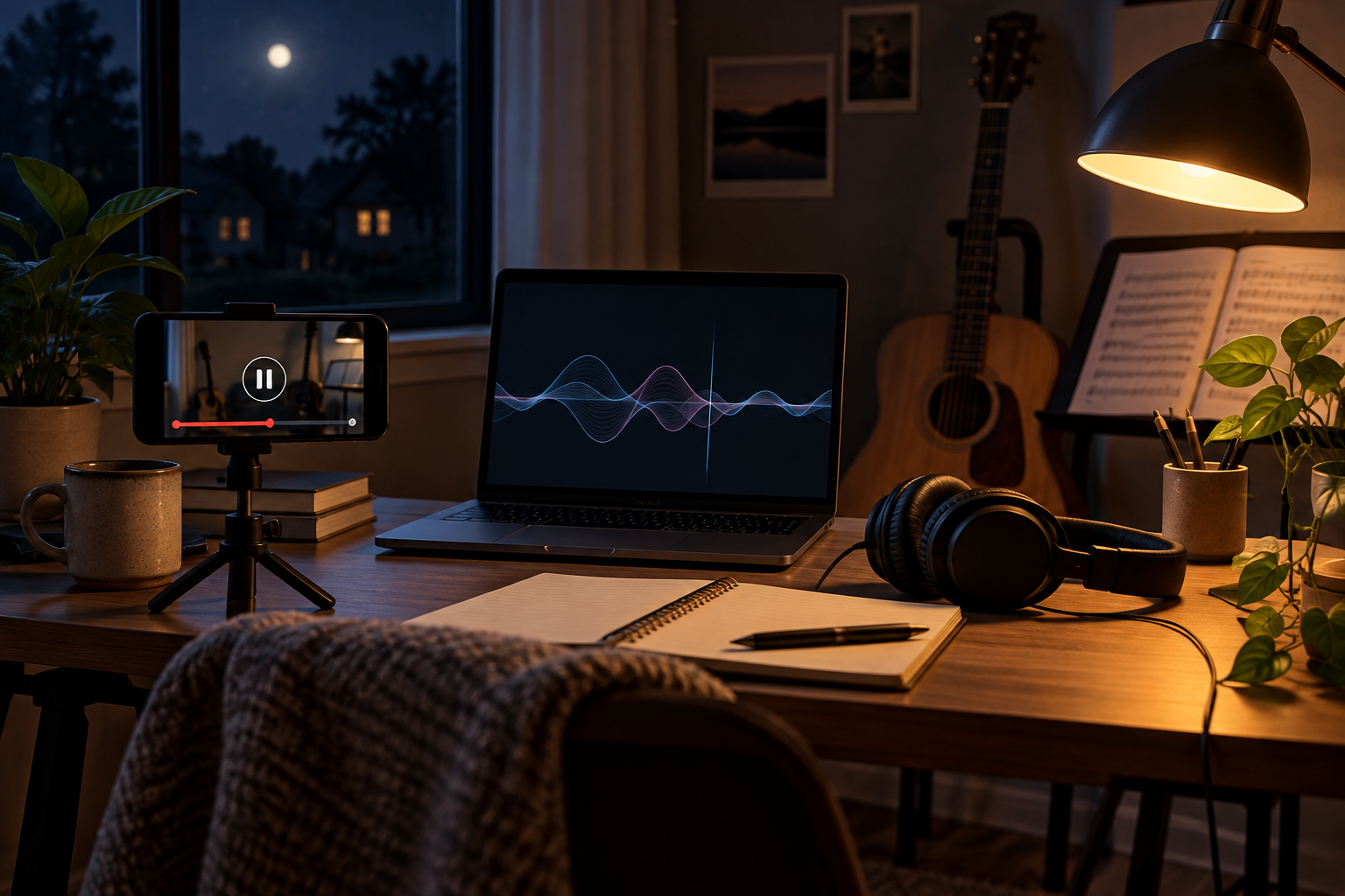 Illustrative home music workspace with laptop and headphones