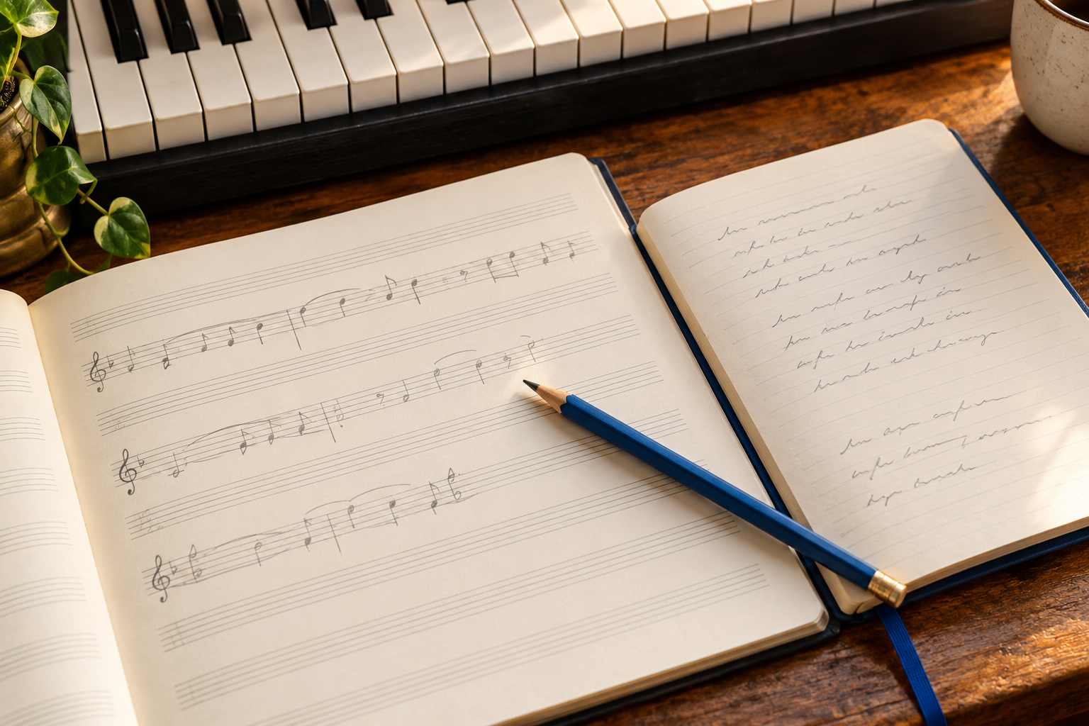 Songwriting workspace with manuscript, lyric notes, a pencil and piano keyboard