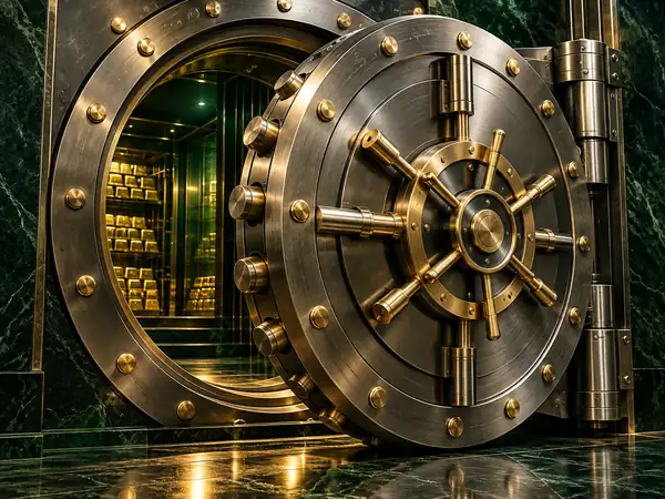 An open bank vault with shelves of gold bars inside