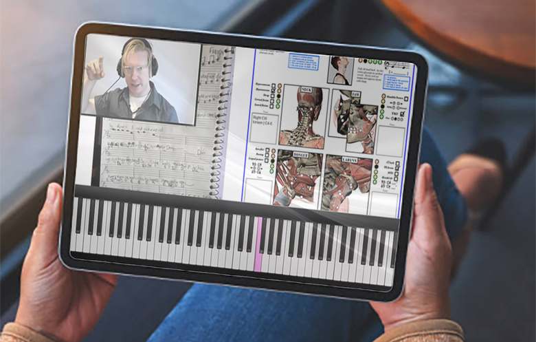 A student viewing lesson material on a tablet